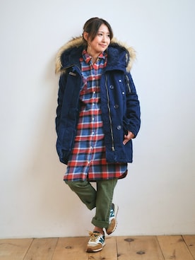 「チェックシャツワンピース」｜「アイテム（モッズコート）」を使った、KRIFF MAYERさん（レディース・153cm）の冬コーディネート