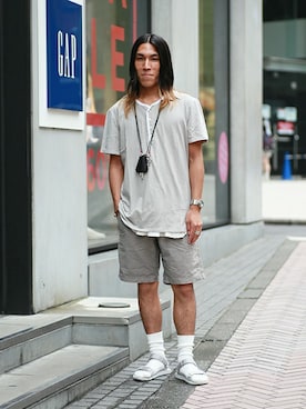 「サンダルに靴下」｜GapJapan_Menさん（メンズ・170cm）の夏コーディネート