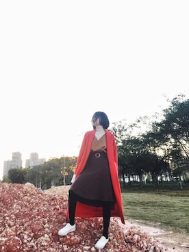 「アイテム（ダッフルコート、オレンジ系）」を使った、yedaさん（レディース・165cm）の冬コーディネート