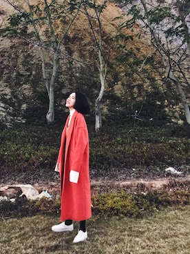 「アイテム（ダッフルコート、オレンジ系）」を使った、yedaさん（レディース・165cm）の冬コーディネート