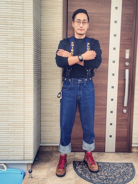 「アイテム（サスペンダー）」を使った、Leeさん（メンズ・174cm）の秋コーディネート