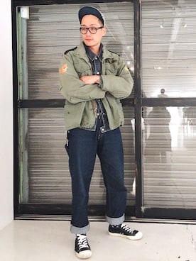 「アイテム（ミリタリージャケット）」を使った、Leeさん（メンズ・174cm）の春コーディネート