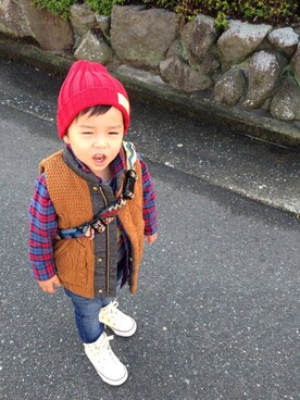 「アイテム（ダウンベスト、ブラウン系）」を使った、toco--kan.さん（キッズ・100cm）の春コーディネート