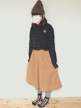 「タータンチェック」｜「アイテム（ニットキャップ/ビーニー）」を使った、ちゃみっこさん（レディース・160cm）の冬コーディネート