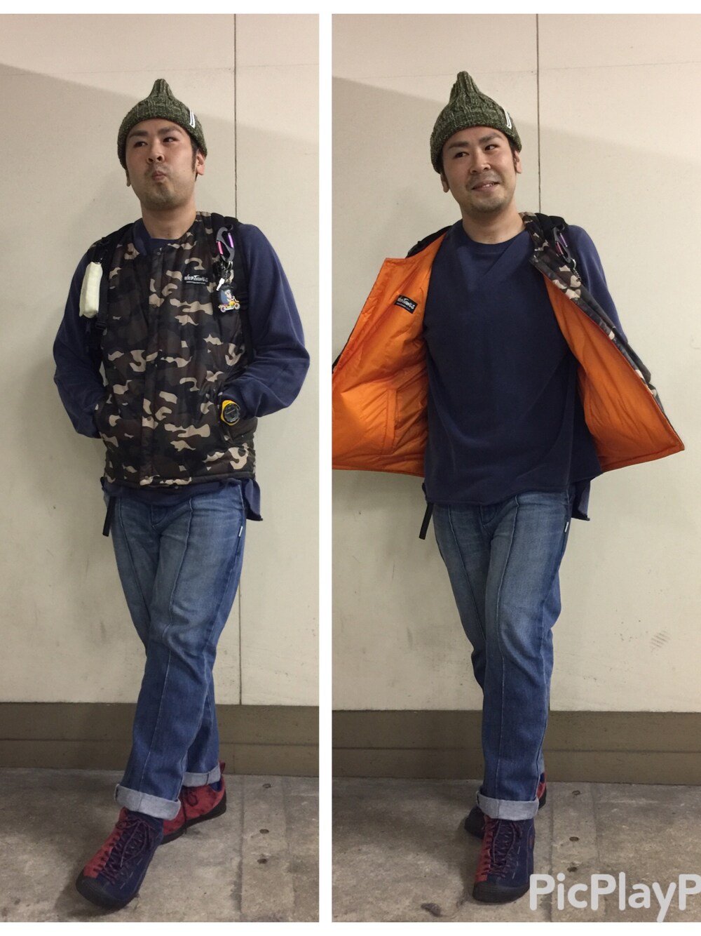 ブルー系のスウェット、その他のダウンベスト、ブルー系のデニムパンツを着用したメンズの秋コーディネートの1枚目の写真