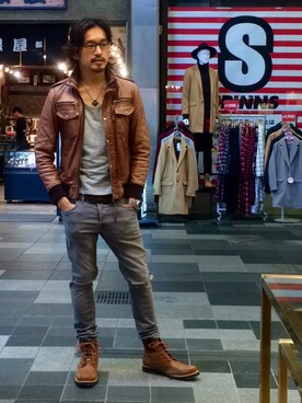 「no brand（ノーブランド）のアイテム（ライダースジャケット）」を使った、HARAさん（メンズ・172cm）の秋コーディネート