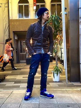 「アイテム（ライダースジャケット）」を使った、HARAさん（メンズ・172cm・30代）の冬コーディネート