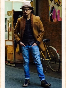 「アイテム（ライダースジャケット）」を使った、HARAさん（メンズ・172cm・30代）の冬コーディネート