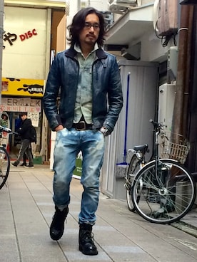 「アイテム（ライダースジャケット）」を使った、HARAさん（メンズ・172cm・30代）の冬コーディネート