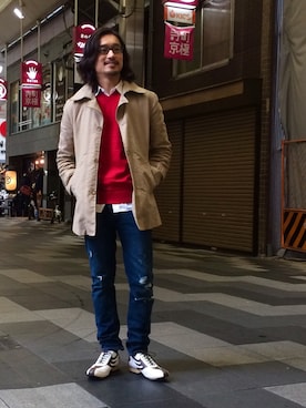 「黒縁メガネ」｜「アイテム（トレンチコート）」を使った、HARAさん（メンズ・172cm）の冬コーディネート