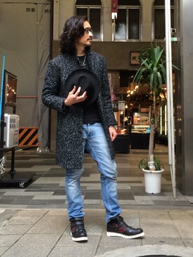 「アイテム（ステンカラーコート）」を使った、HARAさん（メンズ・172cm・30代）の冬コーディネート
