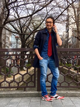 「アイテム（ステンカラーコート）」を使った、HARAさん（メンズ・172cm・30代）の春コーディネート