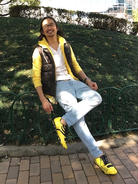 「アイテム（スニーカー、イエロー系）」を使った、HARAさん（メンズ・172cm）の春コーディネート