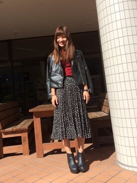 「学校」｜「アイテム（ライダースジャケット）」を使った、ぺぇたんさん（レディース・163cm）の秋コーディネート