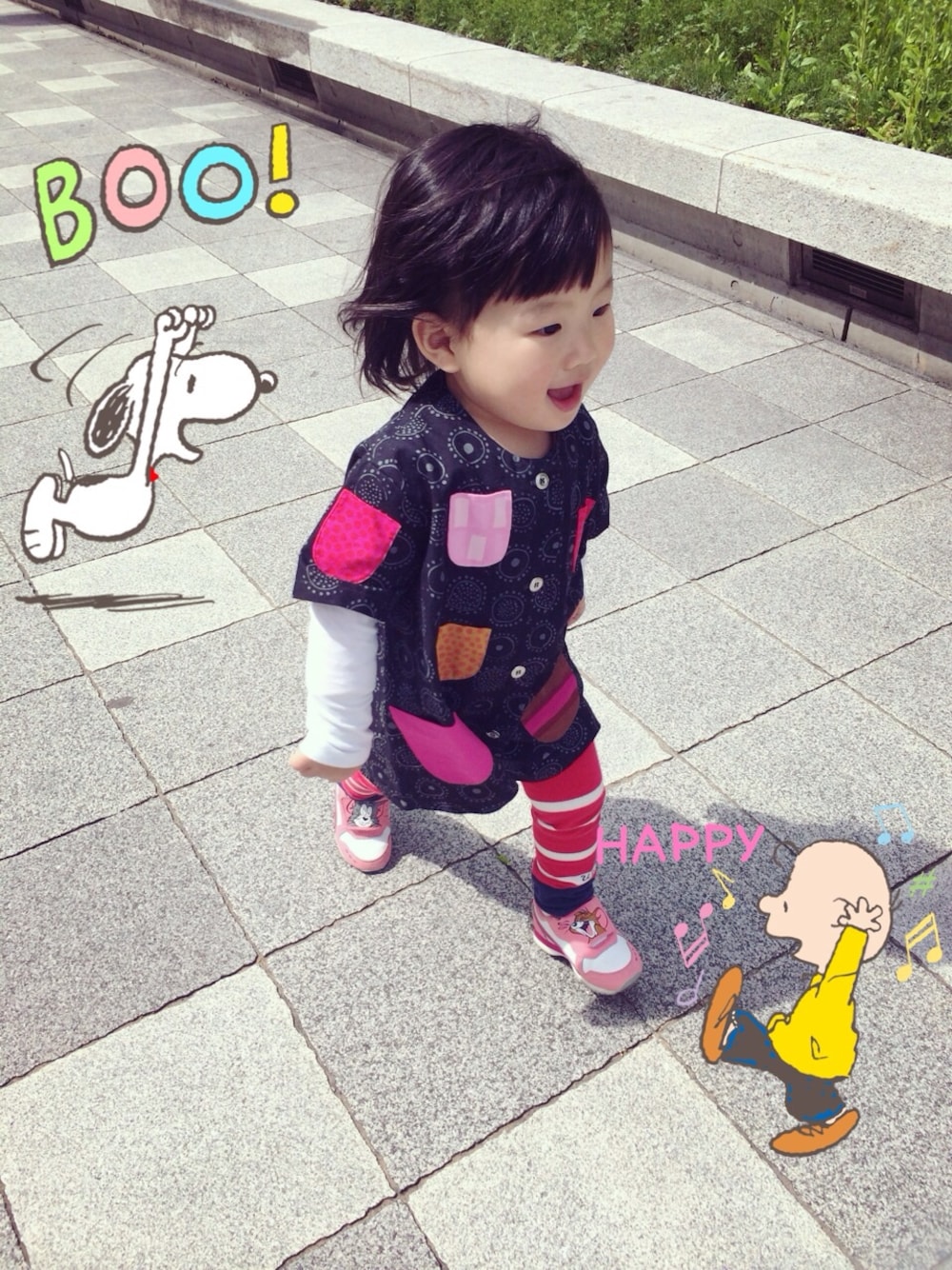 「marimekko、トムとジェリー、uu」｜「marimekkoのNadja Kids / Iloinentakki（ワンピース、ブラック系）」を使った、yuzukkyさん（キッズ・90cm）の春コーディネートの1枚目の写真