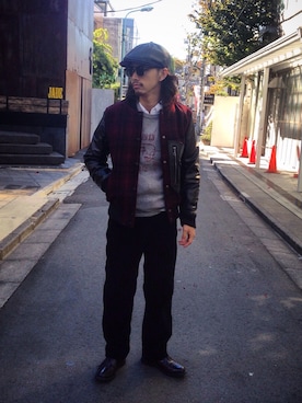 「白シャツ×ニット」｜「アイテム（ハンチング/ベレー帽）」を使った、yamazakiさん（メンズ・170cm）の秋コーディネート