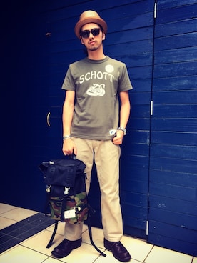 「schott（ショット）のアイテム（帽子）」を使った、yamazakiさん（メンズ・170cm）の夏コーディネート