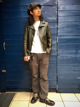 「カーキアウター」｜「アイテム（ライダースジャケット）」を使った、yamazakiさん（メンズ・170cm）の夏コーディネート