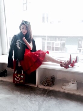 「red」｜「アイテム（ライダースジャケット）」を使った、Yeung ching🐰 さん（レディース・168cm）の冬コーディネート