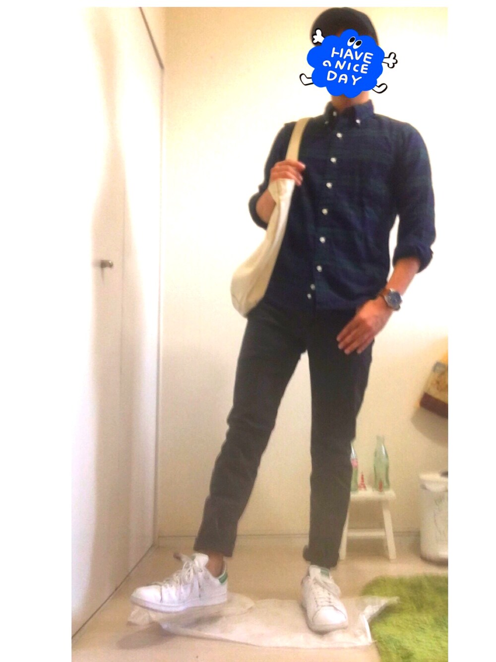 「無印良品のアイテム（シャツ/ブラウス、グリーン系）」を使った、そーた。さん（メンズ・165cm）の秋コーディネートの1枚目の写真