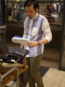 「アイテム（ドレスシューズ、ブラウン系）」を使った、マティさん（メンズ・173cm）の夏コーディネート