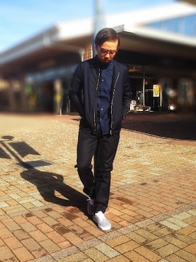 「ワントーンコーデ」｜「アイテム（ノーカラージャケット）」を使った、マティさん（メンズ・173cm）の冬コーディネート