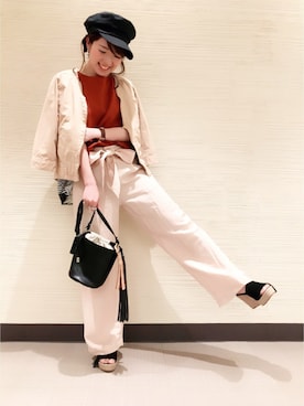 「マリンキャップ」｜「アイテム（ノーカラージャケット）」を使った、hanaeさん（レディース・153cm）の春コーディネート