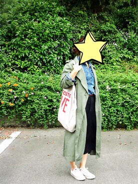 「アイテム（トレンチコート、グリーン系）」を使った、ひーさん（レディース・153cm）の秋コーディネート