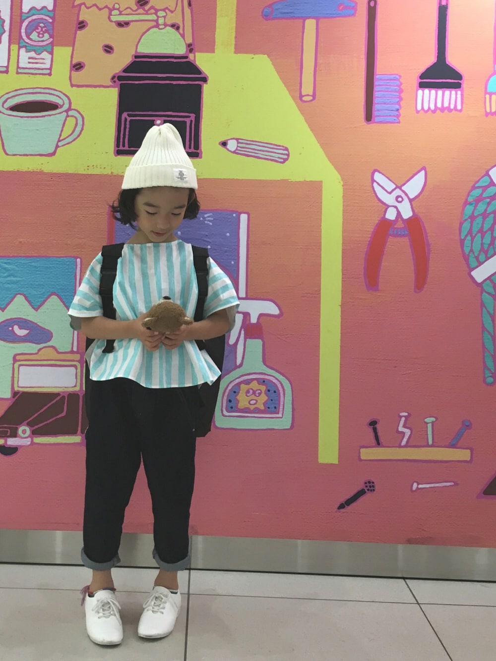 「キッズコーデ、おとこのこ、ストライプ、サルエルデニム、あーぱん、7歳、frankygrow、ドラフトCO」｜「frankygrowのアイテム（シャツ/ブラウス、ブルー系）」を使った、sun913さん（キッズ・110cm）の夏コーディネートの1枚目の写真
