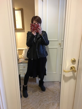 「H&M（エイチ・アンド・エム）のアイテム（ライダースジャケット、ブラック系）」を使った、greenさん（レディース・159cm）の冬コーディネート