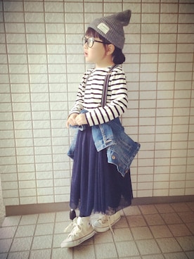 「アイテム（スカート、ブルー系）」を使った、YUNYOさん（キッズ・110cm）の秋コーディネート