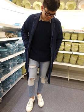 「MUJI」｜「アイテム（モカシン/デッキシューズ）」を使った、Marc Chenさん（メンズ・174cm）の冬コーディネート