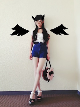 「♡（デニムパンツ、ブルー系）」を使った、tsukino🌙maiさん（レディース・152cm）の夏コーディネート