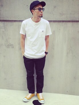 「HBNS（ハバノス）のアイテム（Tシャツ/カットソー）」を使った、junさん（メンズ・171cm）の秋コーディネート