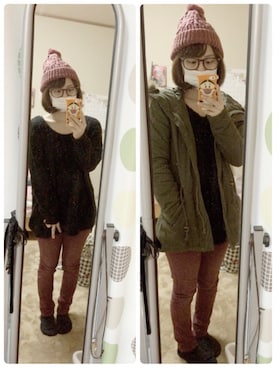 「アイテム（デニムパンツ、レッド系）」を使った、sakiさん（レディース・154cm）の冬コーディネート