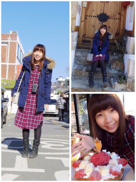 「アイテム（シャツワンピース、レッド系）」を使った、Ruru Yangさん（レディース・165cm）の冬コーディネート