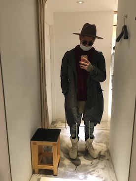 「DRKSHDW by RICK OWENS（ダークシャドウ バイ リックオウエンス）のアイテム（モッズコート）」を使った、たかちゃんさん（メンズ・178cm）の冬コーディネート
