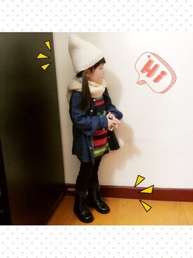 「koreaのアイテム（その他パンツ、ブラック系）」を使った、熏醬さん（キッズ・100cm）の春コーディネート