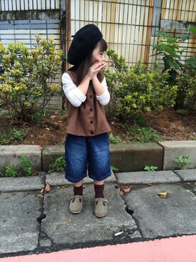 「koreaのアイテム（カーディガン/ボレロ、ブラウン系）」を使った、熏醬さん（キッズ・100cm）の秋コーディネート