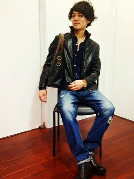 MORGAN HOMMEのライダースジャケットを使った人気ファッション