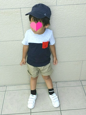 「PETIT BATEAU（プチバトー）のアイテム（キャップ）」を使った、asuさん（キッズ・100cm）の夏コーディネート