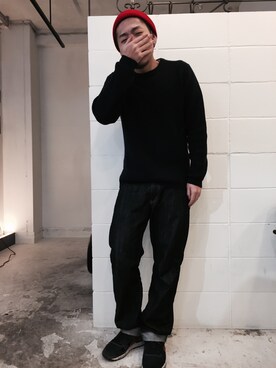 「NANO universe（ナノユニバース）のアイテム（ニット/セーター、ブルー系）」を使った、kensu-さん（メンズ・174cm）の冬コーディネート