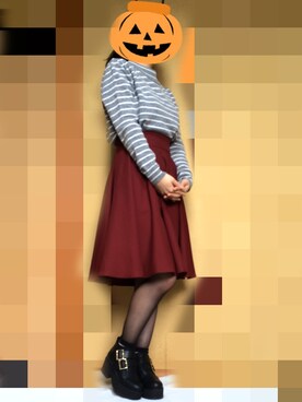 「Antic Ragのボーダーニット（ニット/セーター、グレー系）」を使った、きぼみさん（レディース・157cm）の秋コーディネート