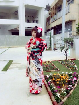 「アイテム（水着/着物・浴衣、レッド系）」を使った、まーみん。さん（レディース・152cm）の冬コーディネート