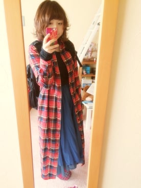 「アイテム（シャツワンピース、レッド系）」を使った、noaさん（レディース・156cm）の冬コーディネート