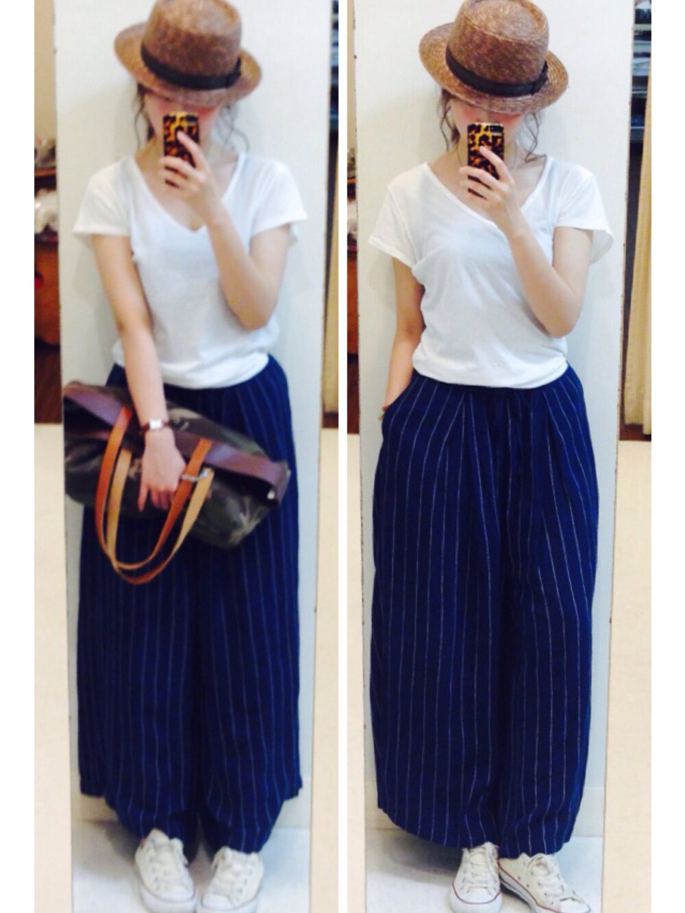 ブルー系のその他パンツ、その他のバッグ、ブラウン系の帽子を着用したレディースの春コーディネートの1枚目の写真