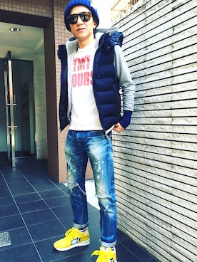 「EDIFICE（エディフィス）のアイテム（ダウンベスト）」を使った、Ryockさん（メンズ・169cm）の春コーディネート