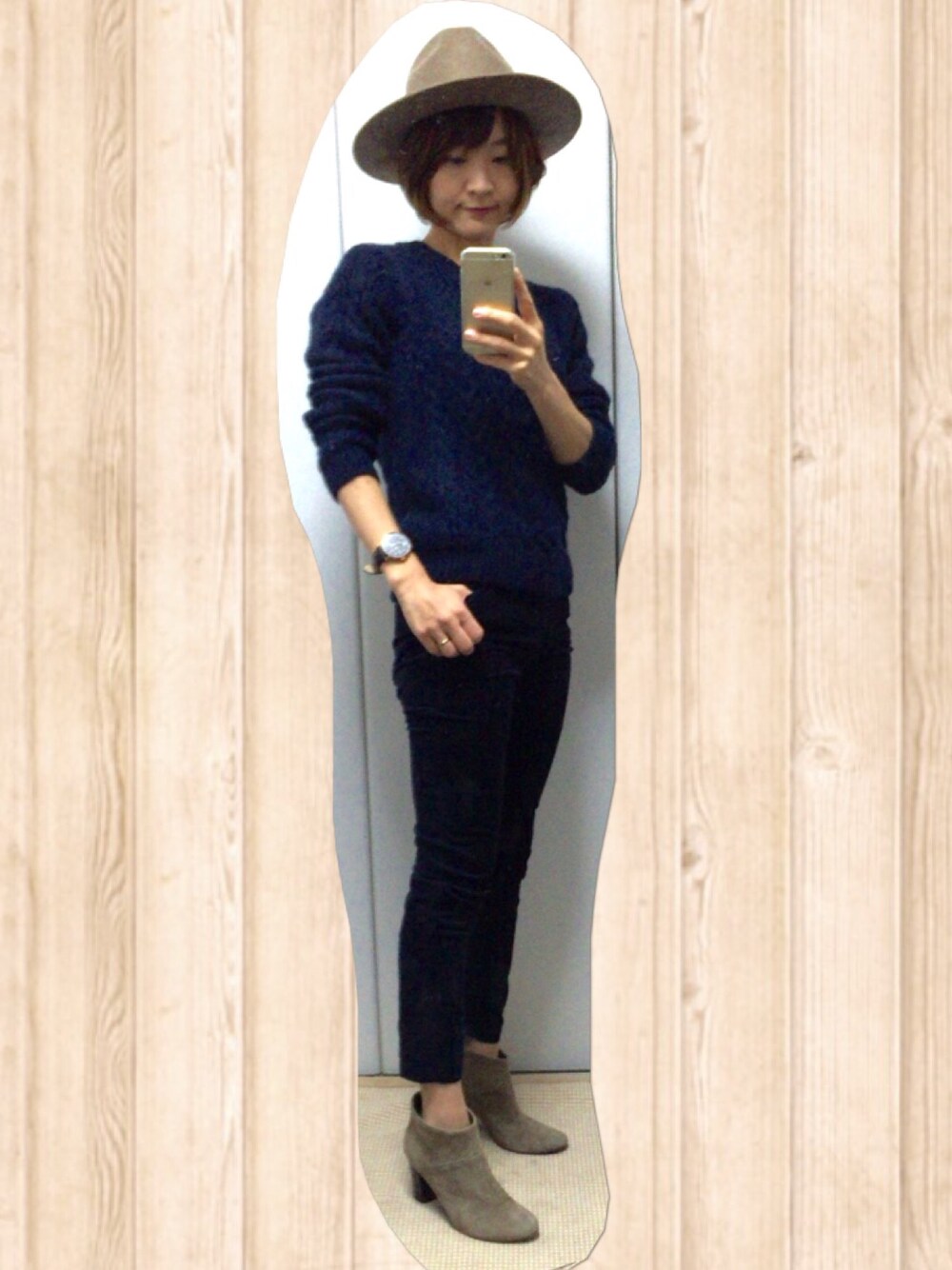 「ユニクロ、UNIQLO、イネス、カリテ(qualite)、ブーティ、カジュアル、ハット」｜「qualiteのアイテム（その他パンツ、ブルー系）」を使った、wakanaさん（レディース・161cm）の冬コーディネートの1枚目の写真