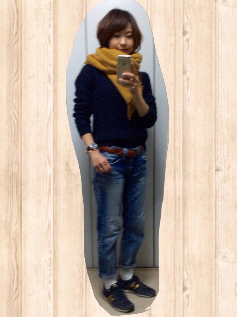 「白、UNIQLO、ユニクロ、イネス、ニューバランス、NEWBALANCE、note et silence」｜「UNIQLOのアイテム（ニット/セーター、ブルー系）」を使った、wakanaさん（レディース・161cm）の冬コーディネートの1枚目の写真