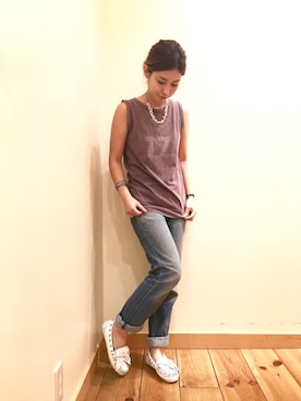 「アイテム（モカシン/デッキシューズ、ホワイト系）」を使った、noguchiさん（レディース・158cm）の秋コーディネート